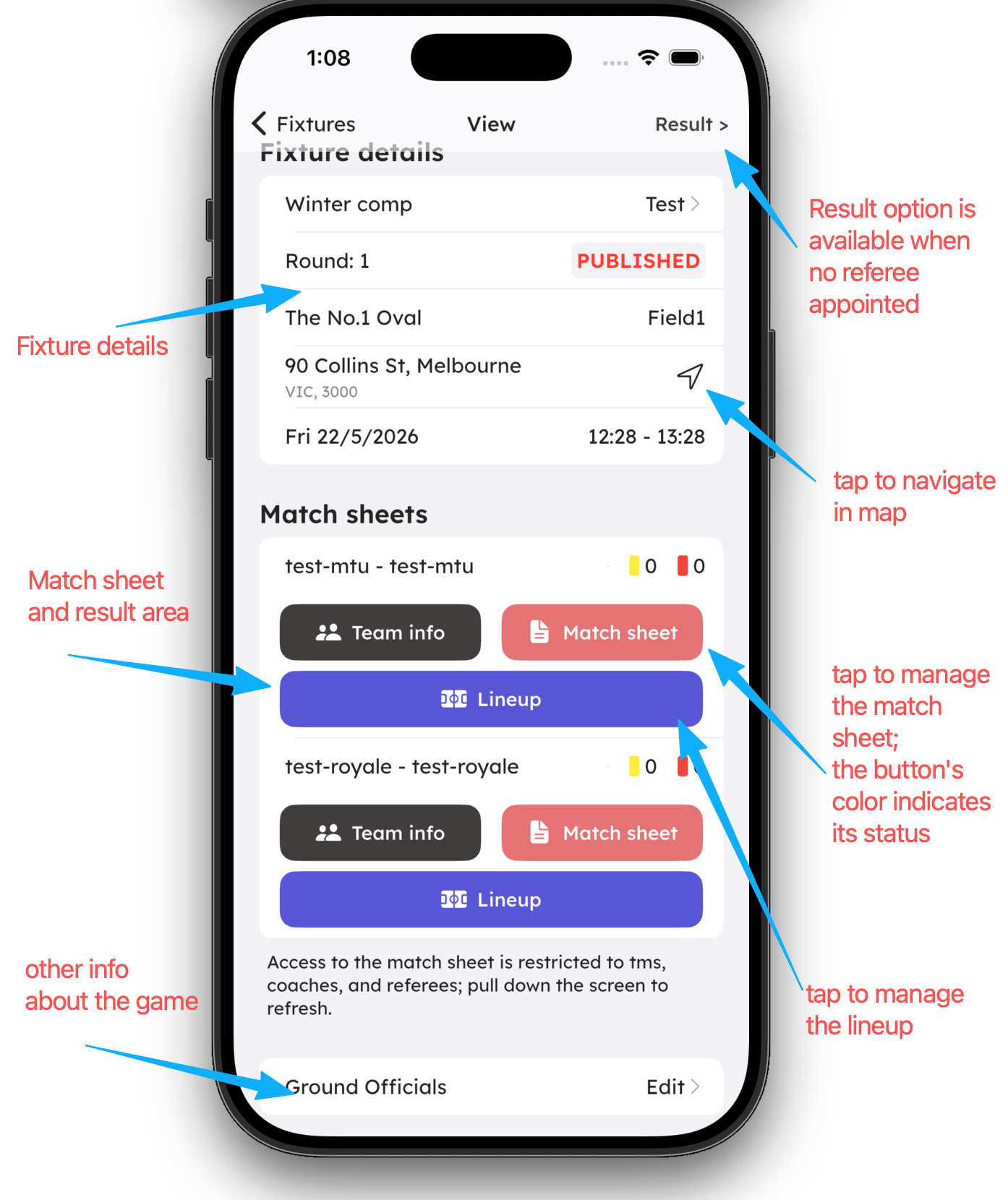 Fixture details screen